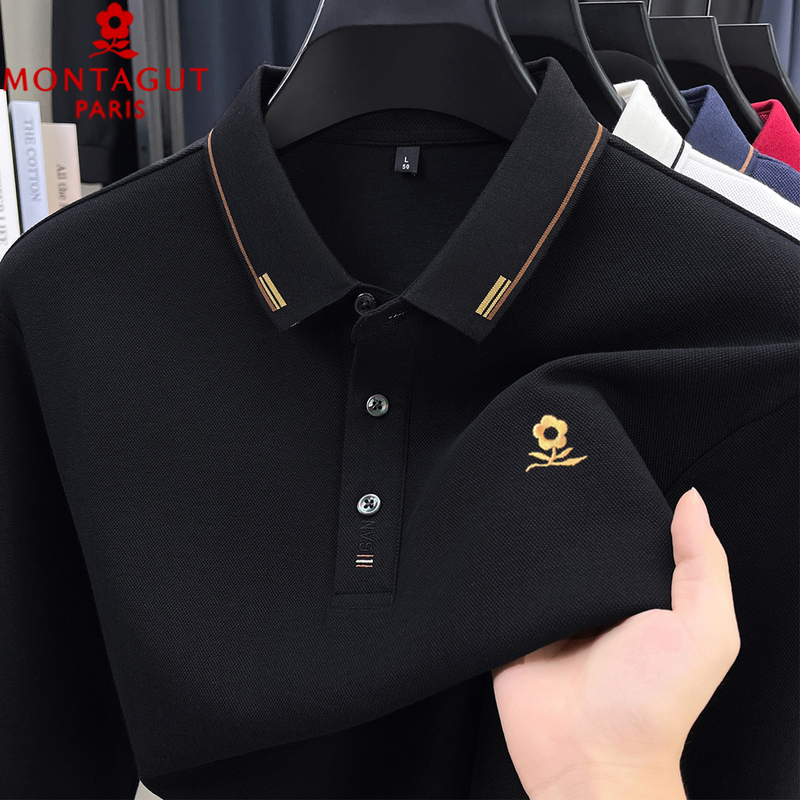 Montagut Long-Sleeved Lapel Polo Shirt for Men, Pure Cotton Embroidered Business Casual Light Luxury High-End Top for Middle-Aged Dads