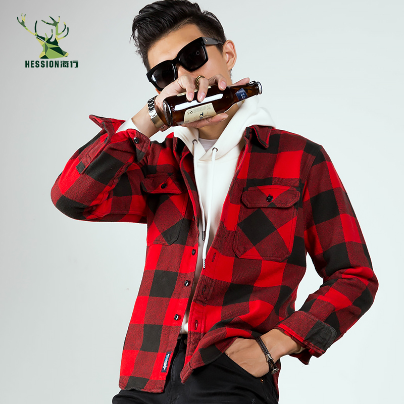 (25% off for broken codes) Red and black plaid thick shirt men's brushed jacket pure cotton trendy casual shirt