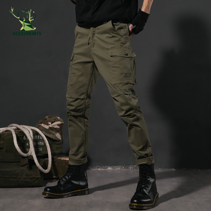 Haikou autumn military green overalls Kigi do old multi-pocket small straight pants Tide brand men's casual trousers