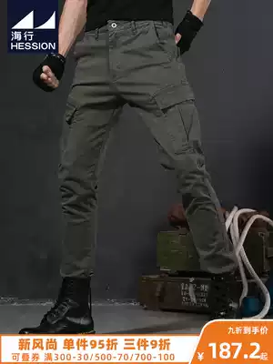 Army green tide brand men's slim-fit drawstring overalls cargo trend multi-pocket pants with Martin boots