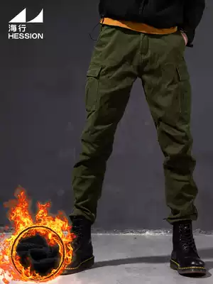 Military green multi-bag overalls men winter plus velvet padded straight tube pants wear Tide brand loose black casual pants
