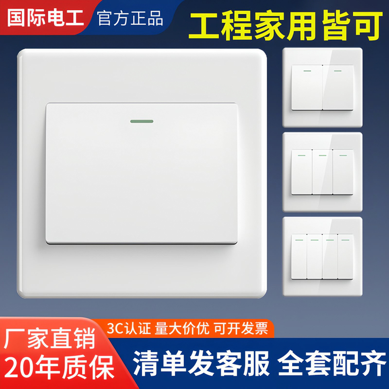 International Electrical White Household Switch Socket Panel, Flush-Mounted Wall Switch, Single Control, Single Switch, Single Gang, One Position, 1-Way Switch