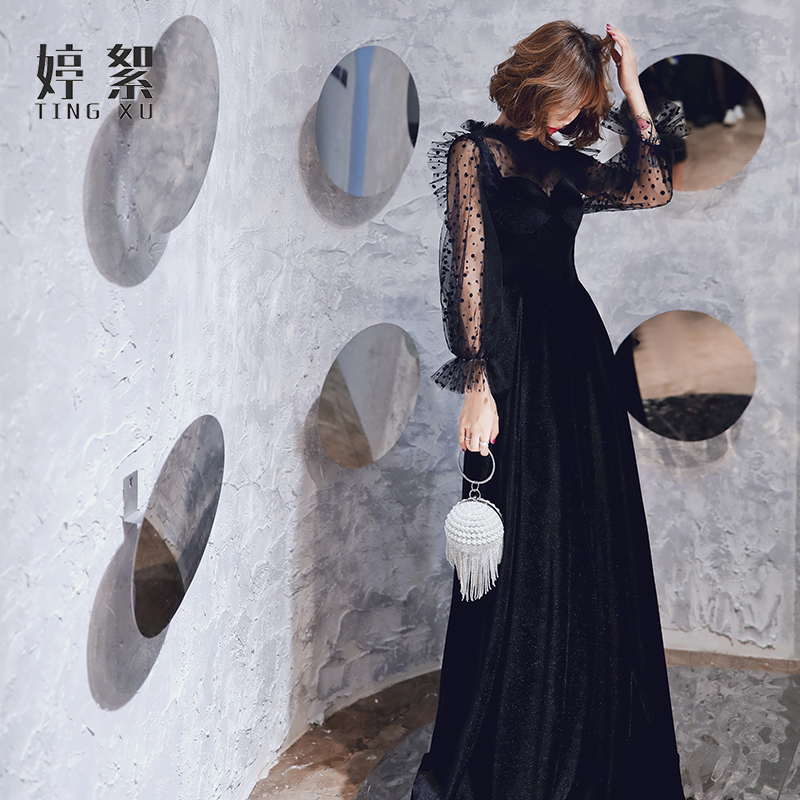 Dress skirt femininity banquet black evening dress 2021 spring host noble and elegant annual party evening dress female