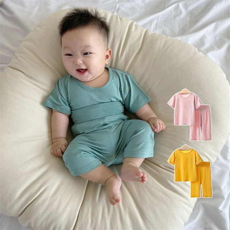 Baby Summer Model High Waist Pajamas Package Boys and Girls Short Sleeve Seven-Minute Trousers Two-Piece Hardclothes