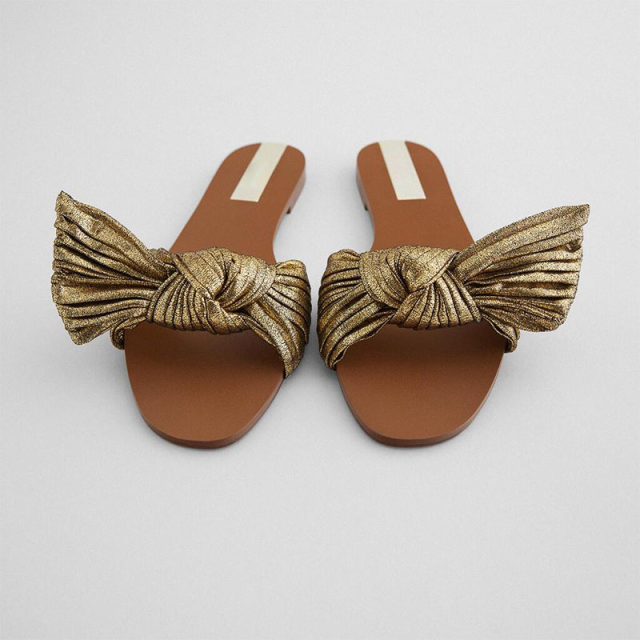 ZA DTM2021 New Gold Metal Bow Knot Outer Flat Sandals Slippers <Summer Clearance Special