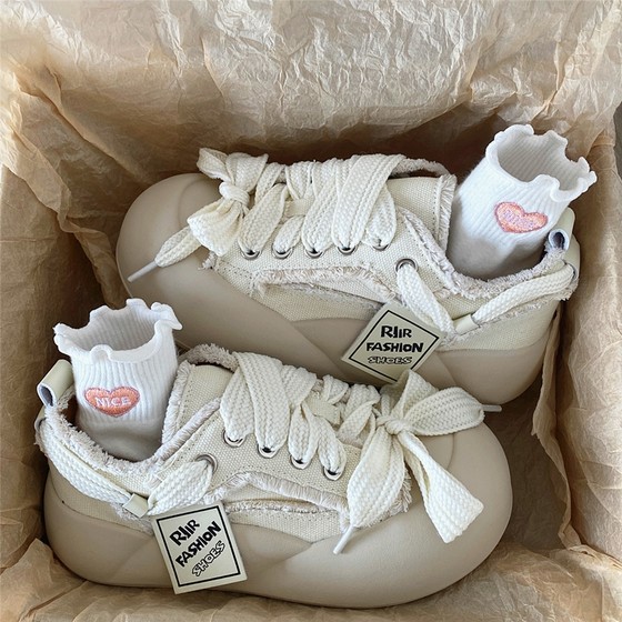 Uncle Xi, ugly, cute, niche thick-soled bread shoes for women 2024 new big-toe canvas white shoes sports and casual shoes