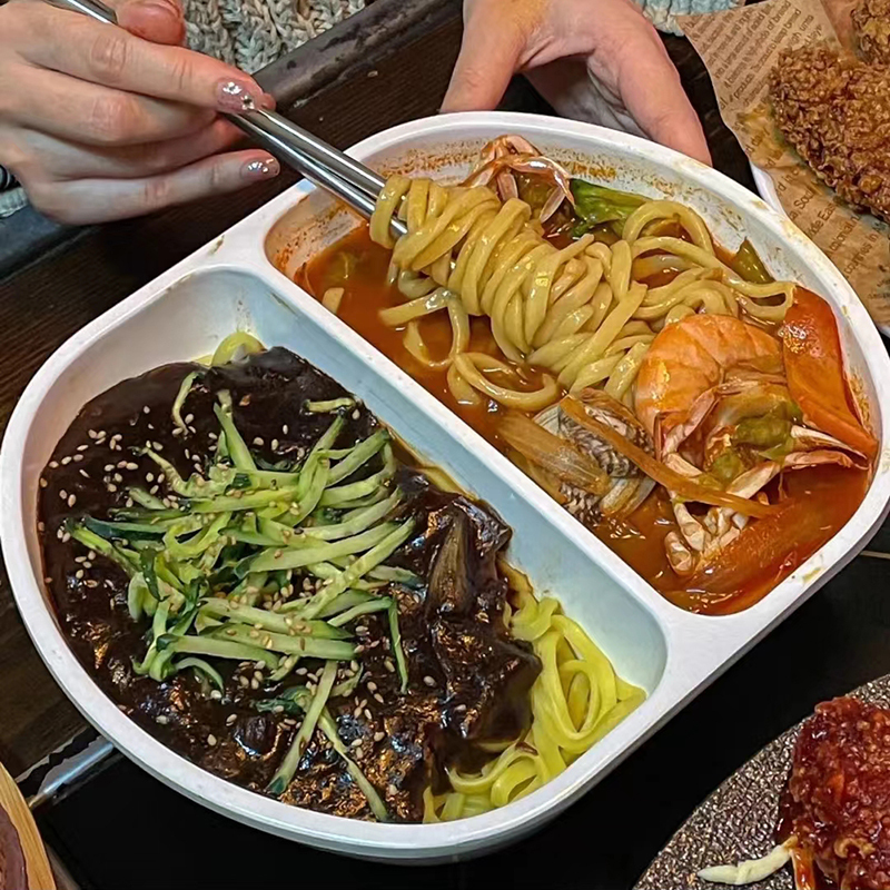 Korean Half-And-Half Bowl, Korean Fried Sauce Noodle Bowl, Barbecue Dinner Plate, Melamine Double-Compartment Trendy Special Seafood Noodle Bowl