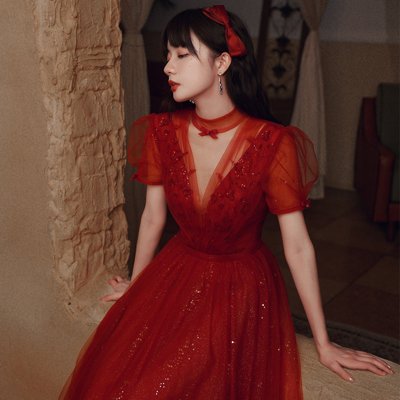 Toast to the bride 2022 Summer new little Engaged Retro Wine Red Bridesmaid Evening Gown Dress Foreign Dress