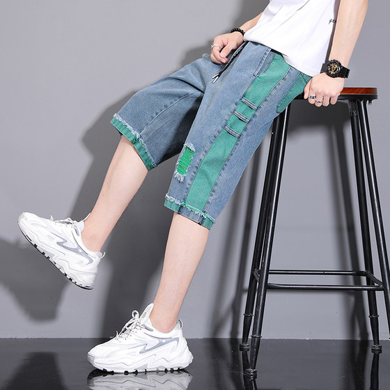 Denim shorts, men's summer thin straight tube loose fitting trend, men's casual cropped pants with contrasting colors and holes, versatile pants