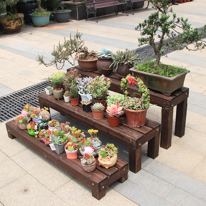 Outdoor wood outdoor anti-corrosion wood balcony floor wooden storage rack terrace flower pot rack carbonized wood solid wood flower rack