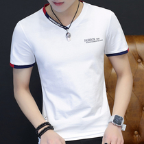 Summer 2021 new short sleeve T-shirt men Korean version of Slim V collar body Fashion Fashion men white cotton half sleeve clothes