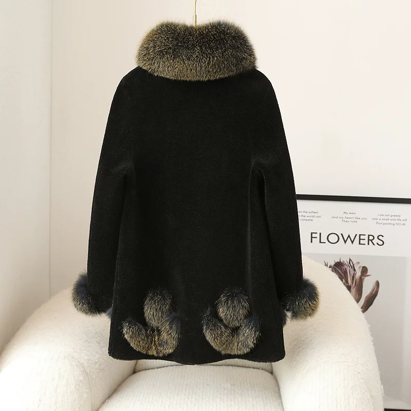 Velvet long woolen jacket, mid-length, for middle age