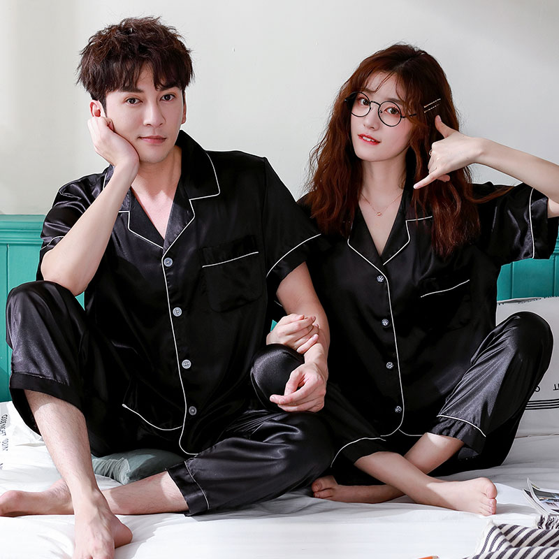 Summer pajamas couple ice silk spring and autumn short-sleeved trousers thin Korean summer women's sexy black men's suit