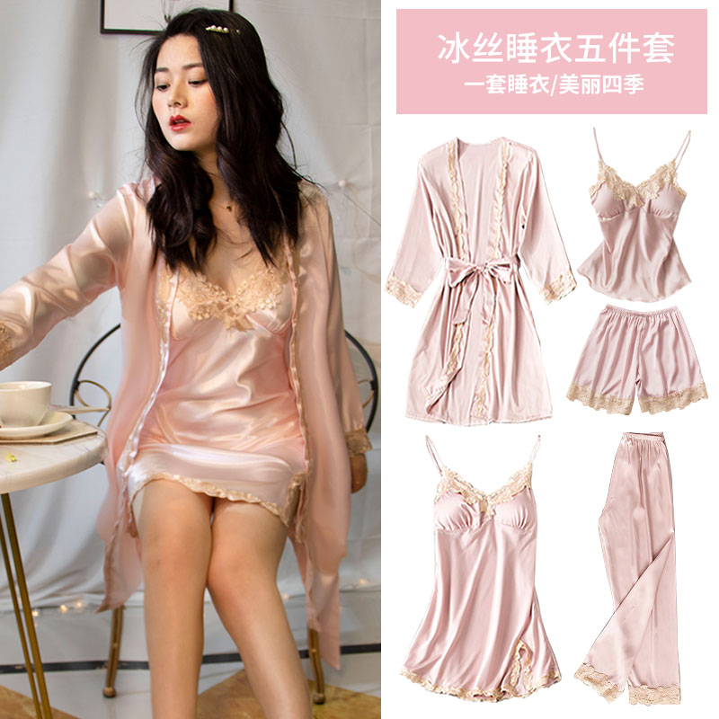 Ice silk pajamas women's spring, autumn and summer sexy thin silk pajamas five-piece suit suspenders nightdress with chest pads