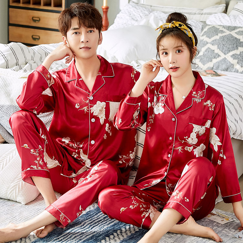 Couple pajamas women ice silk thin fashion Han cartoon in spring and autumn summer can wear net red men's home suit