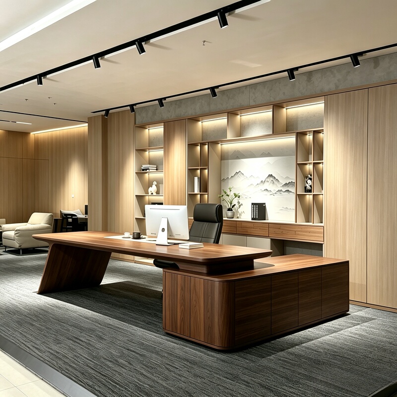 Modern Minimalist Solid Wood Executive Desk with Song-Style Aesthetics, Black Walnut Office Desk with Bookshelf Storage, Light Luxury Executive Desk