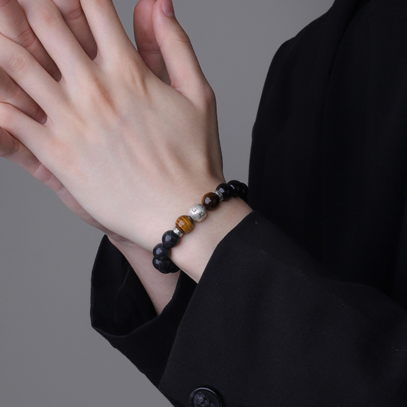 Sterling Silver Bracelet for Men, High-End Agate Beaded Bracelet for Men, Six-Character Mantra Good Luck Bracelet for Women, Birthday Gift for Boyfriend