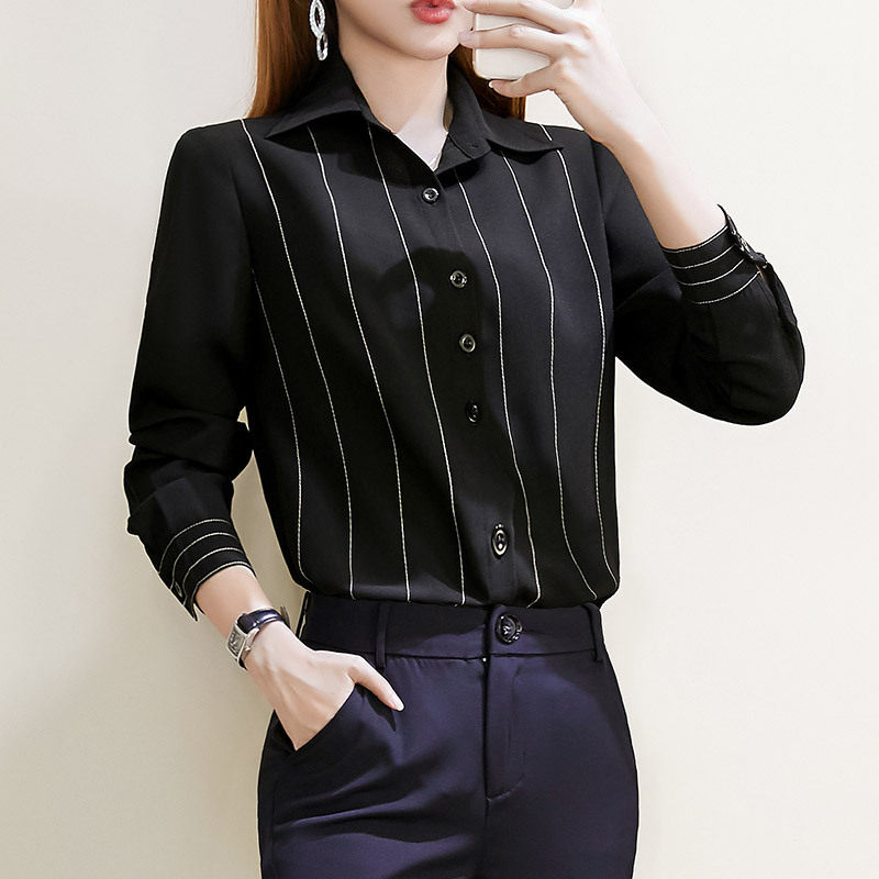 Black shirt woman 2020 new large size workwear Career snowspun striped long sleeve shirt 200 catty undershirt