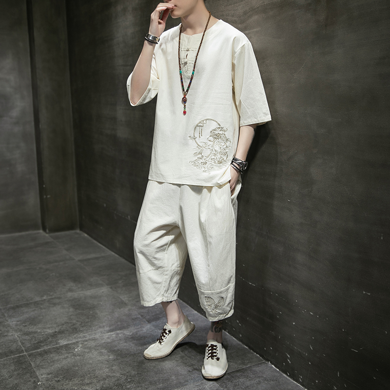 Ancient Wind Men's Clothing Retro Disc Buckle Linen Suit Summer Youth China Wind Embroidery Tang Dress Tide large size Footie Han clothes