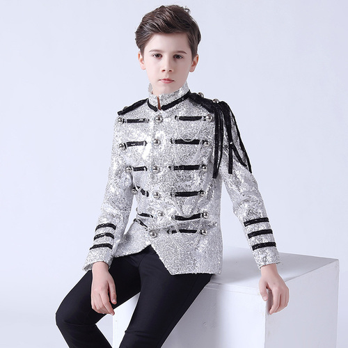 Boy's jazz dance sequin coats chorus host singer performance jacket blazers Flower boy dress suit stand collar children suit