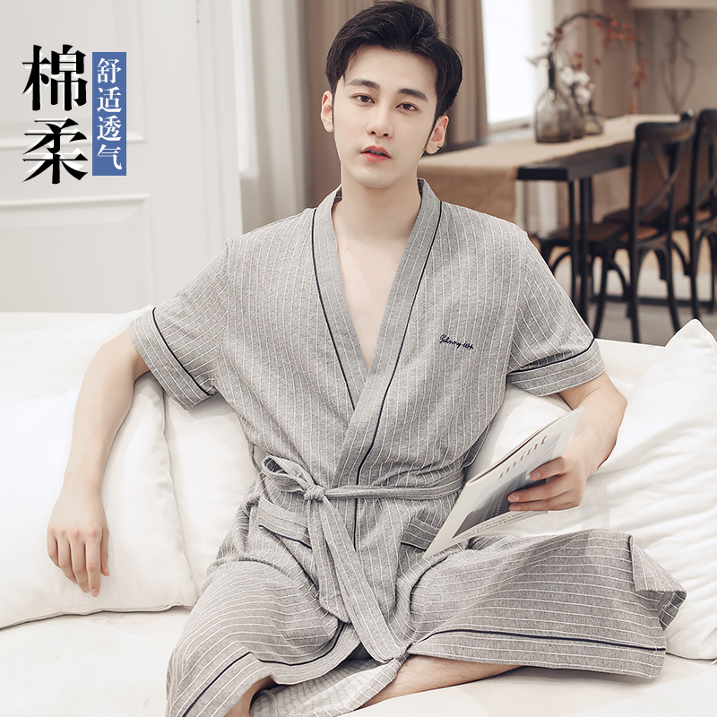 Men's Summer Cotton Short-Sleeved Thin Robe, Suitable for All Seasons, Middle-Aged Men's Cotton Bathrobe, New Model for 2026