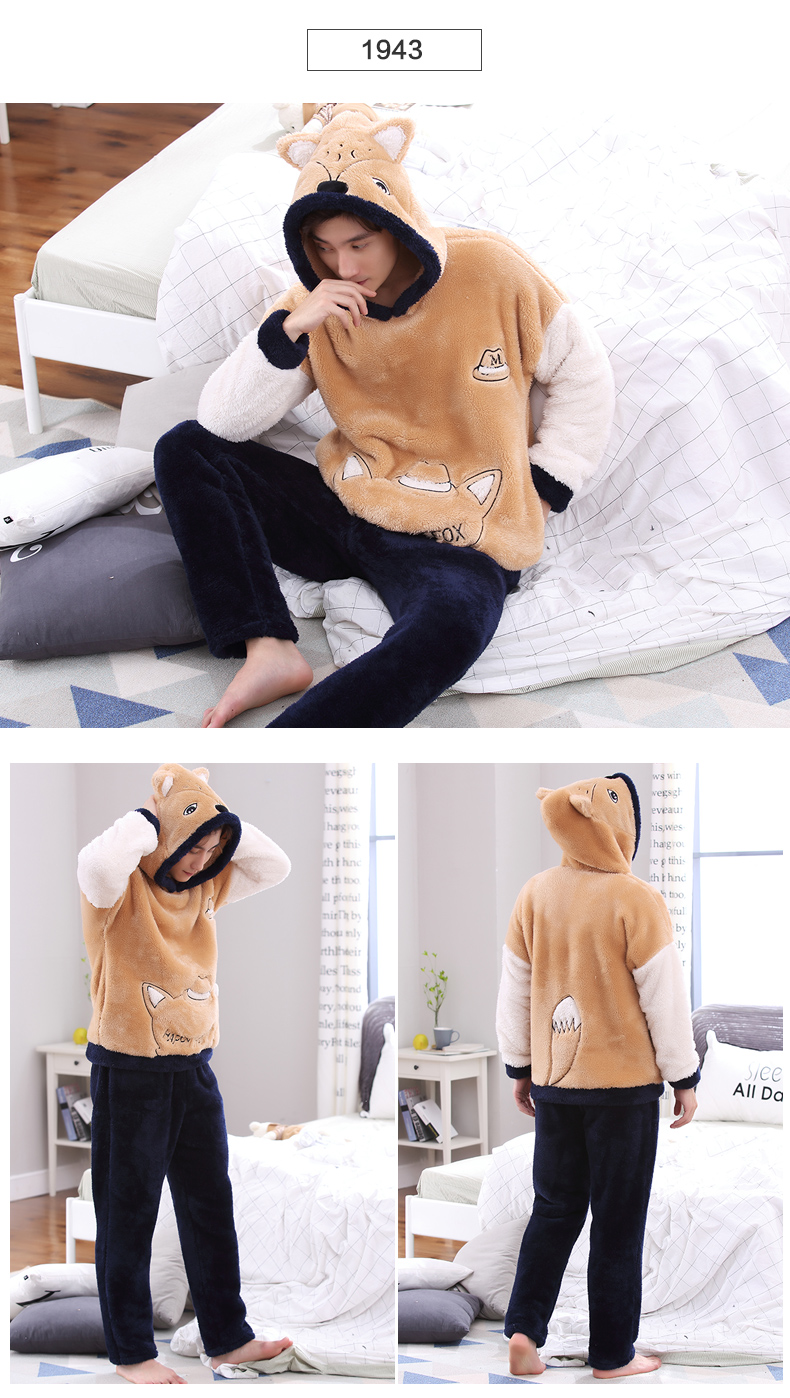 Đồ ngủ nam mùa thu và mùa đông san hô lông cừu dày cộng với nhung ấm mùa đông phần flannel thanh niên phục vụ nhà phù hợp - Giống cái bộ lụa mặc nhà