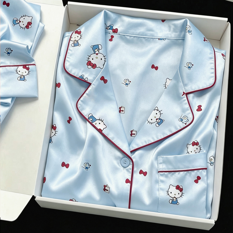 Sweet and Cute Hellokitty Ice Silk Pajamas for Women, Summer Short-Sleeved Three-Piece Set, Thin Cardigan, Home Wear Set