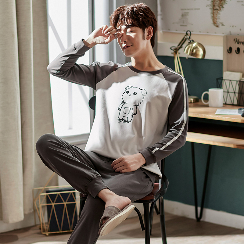 Qiaoyun men's pajamas pure cotton long-sleeved spring and autumn pullover cotton autumn and winter large size young men's home clothes set