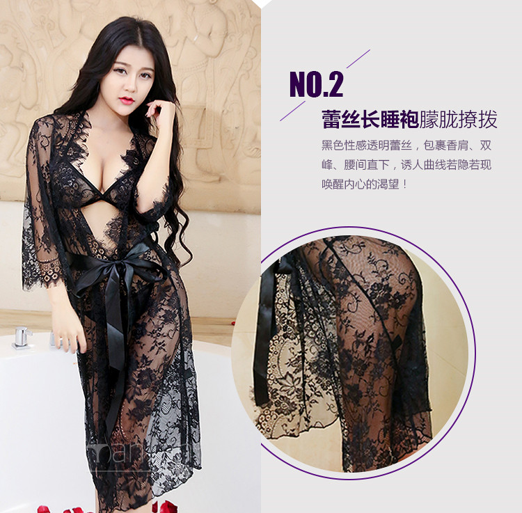 Đồ lót gợi cảm Đồ ngủ gợi cảm cực cám dỗ lông mi ren trong suốt ba điểm màu đen dài áo choàng ngủ áo tắm đặt kích thước lớn đồ bộ mặc nhà bằng vải thun