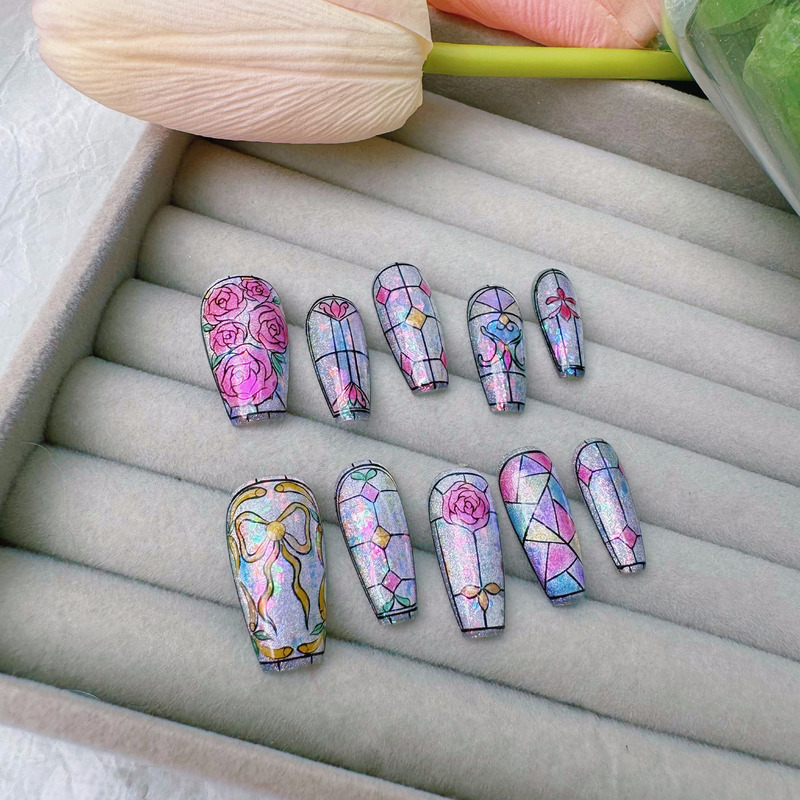 Handmade Nails 353 Rose Window Medium Short Ladder/Korean Oval Ss ins Xiaohongshu High Luxury Manicure