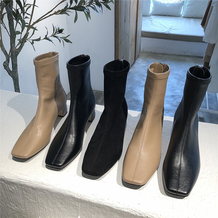 Classic Square Head Coarse Heel Short Boots Woman Donning Lean Socks Boots Super Nice Genuine Leather Slim Boots Heel Elastic Boots