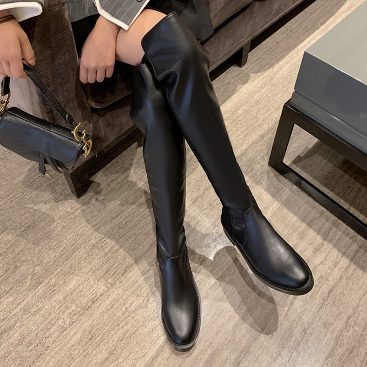 Leather classic boots, thin feet, long legs, flat bottom, knee boots, elastic boots, middle heel, thick, riding boots, female