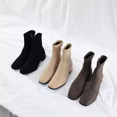 Sycamore tree 2020 autumn and winter new socks and boots women's head mid-heel thick heel elastic boots short boots ankle boots skinny boots