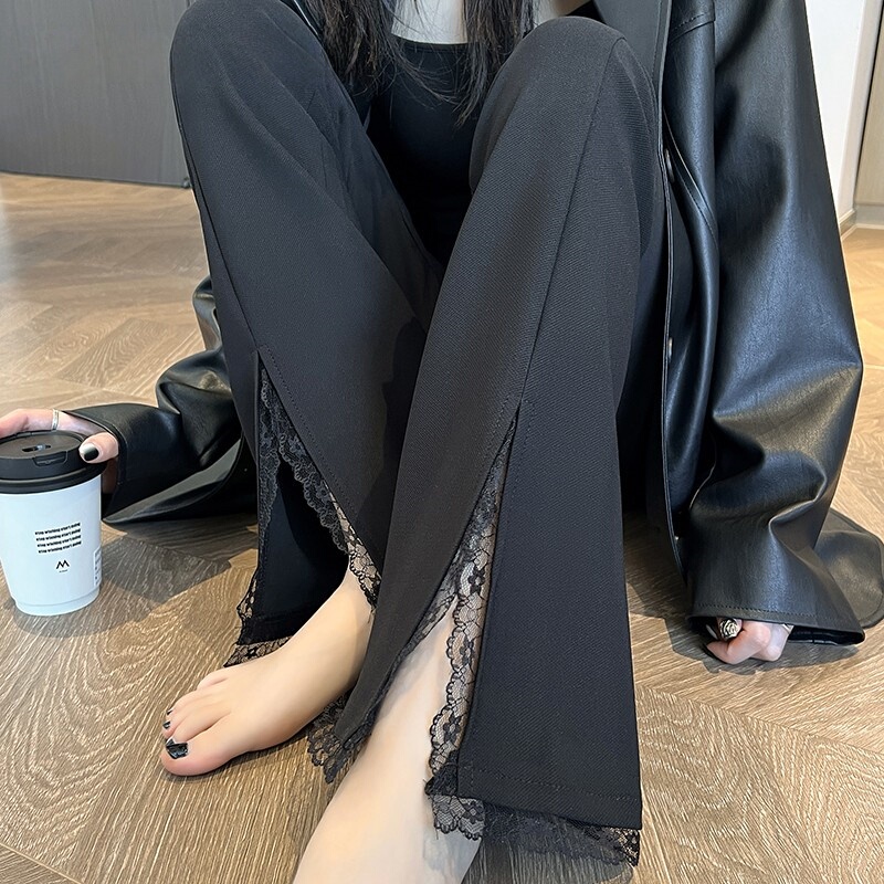Black High-Waisted Suit Flared Pants for Women, 2025 Spring New Style, Slit Casual Versatile Lace Micro-Flared Floor-Length Pants