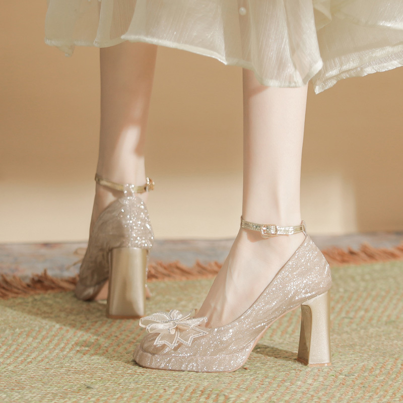 Mary Jane Wedding Shoes for Women 2026 New Style Main Wedding Dress Bridal Shoes Thick-Soled Waterproof Platform Single Strap Buckle Chunky Heel High Heels