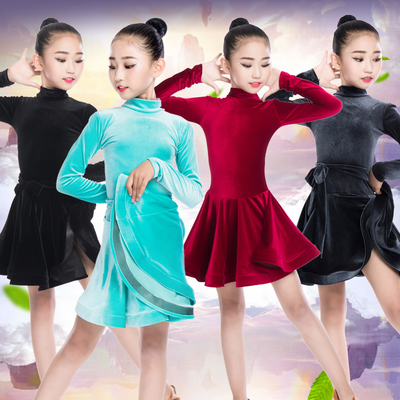 Girls Latin Dance Dresses Children Latin Dance Training Dress Girls season Latin dance skirt dance performance costume velvet long sleeve