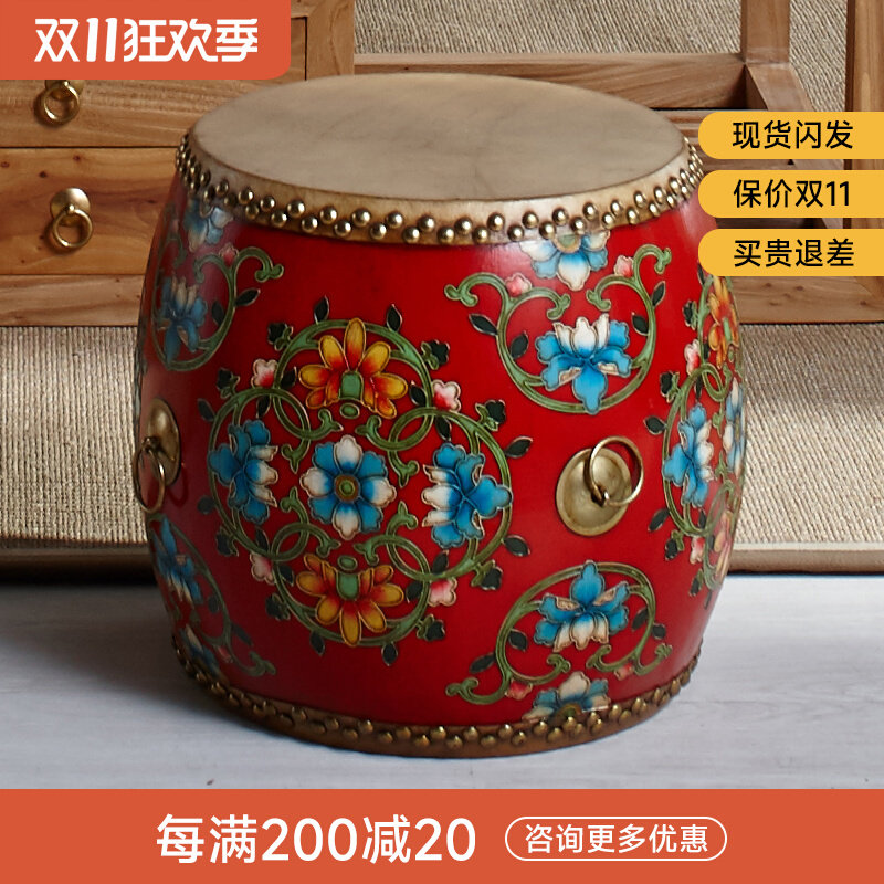 Drum stool solid wood painted low stool antique cowhide solid wood shoe changing stool Guzheng stool dining stool makeup chair new Chinese embroidered pier