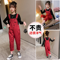 Net Red Girl autumn clothing 2021 new foreign style childrens clothing big children women autumn girl denim strap suit