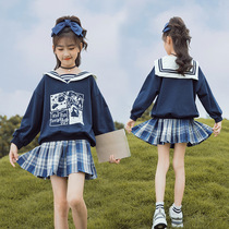 2021 Autumn New Girls suit autumn dress middle child Korean shawl collar college sweater short skirt two-piece set