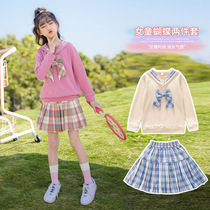 Autumn new girls  skirt suit Autumn middle and large childrens casual bow Western style long-sleeved sweater short skirt two-piece set