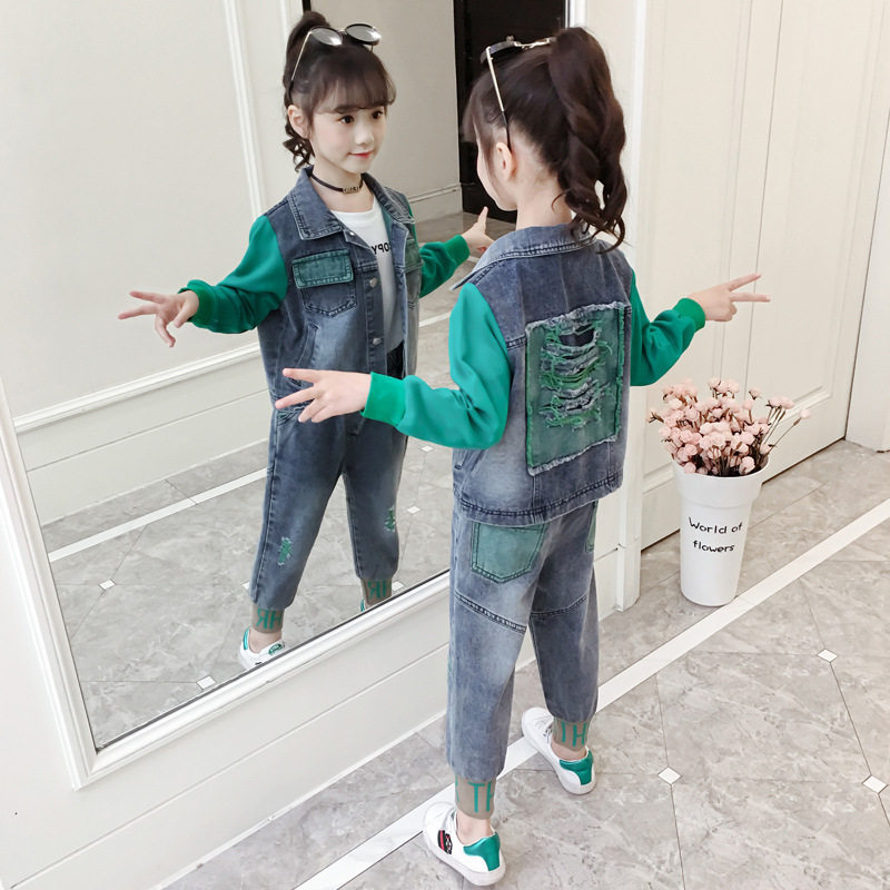 Net red 2022 new denim suit girls thick T-shirt middle children big children's clothing Korean version 12 Western style spring and autumn ten-year-old tide clothes