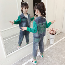 Net red 2021 new denim suit girls clothes in childrens clothes Korean version 12 foreign spring and autumn ten-year-old tide clothes