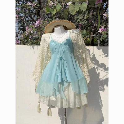Sweet and gentle Bohemian dress, children's summer chiffon chiffon shawl, cardigan, layered halter mini skirt set