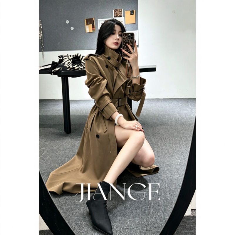 Women's Mid-Length Trench Coat for Autumn and Winter, Fleece-Lined and Thickened, Suitable for Commuting, Retro Style, Petite Size (Mingjue)