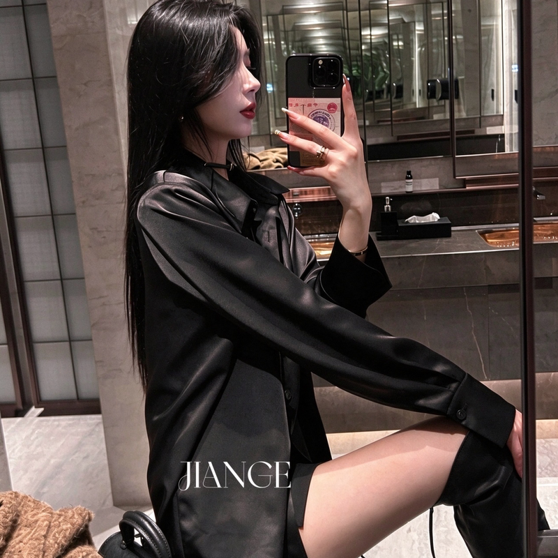 Pigeon's Wardrobe (Black Rose) Satin High-End Light Luxury Shirt Women's Spring and Autumn Black Shirt Long-Sleeved Shirt Women Pigeon's Wardrobe (Black Rose) Satin High-End Light Luxury Shirt Women's Spring and Autumn Black Shirt Long-Sleeved Shirt Women