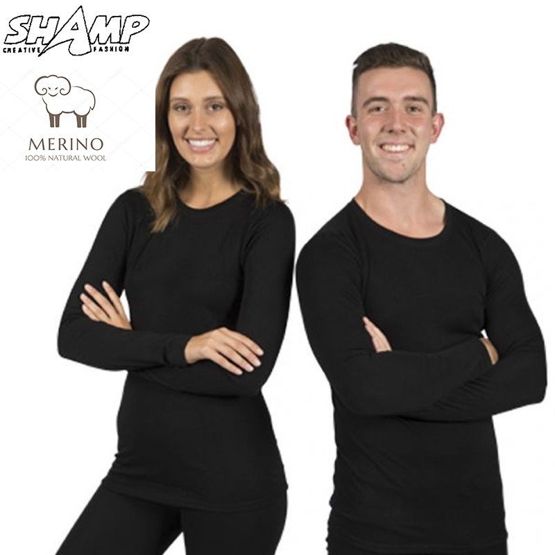 Outdoor autumn and winter men and women's warm wool suit 100%Merino wool knit blouse round collar pure color