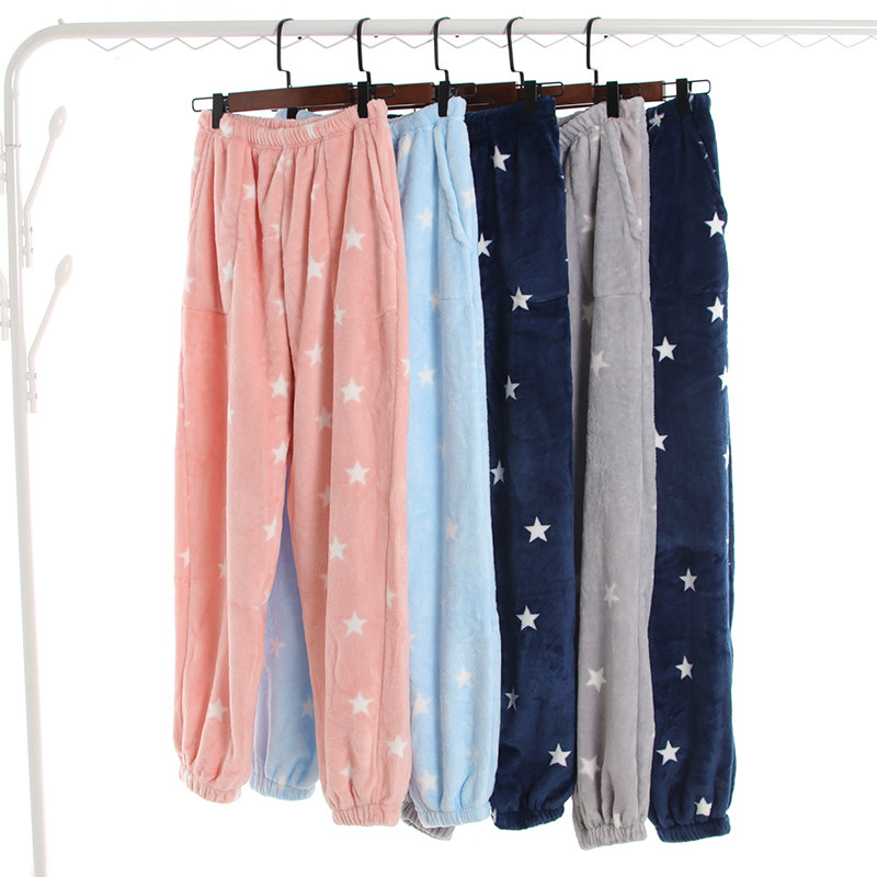 Flannel pajamas women's foot closure loose thickened plus velvet coral fleece home pants trousers warm men's couples