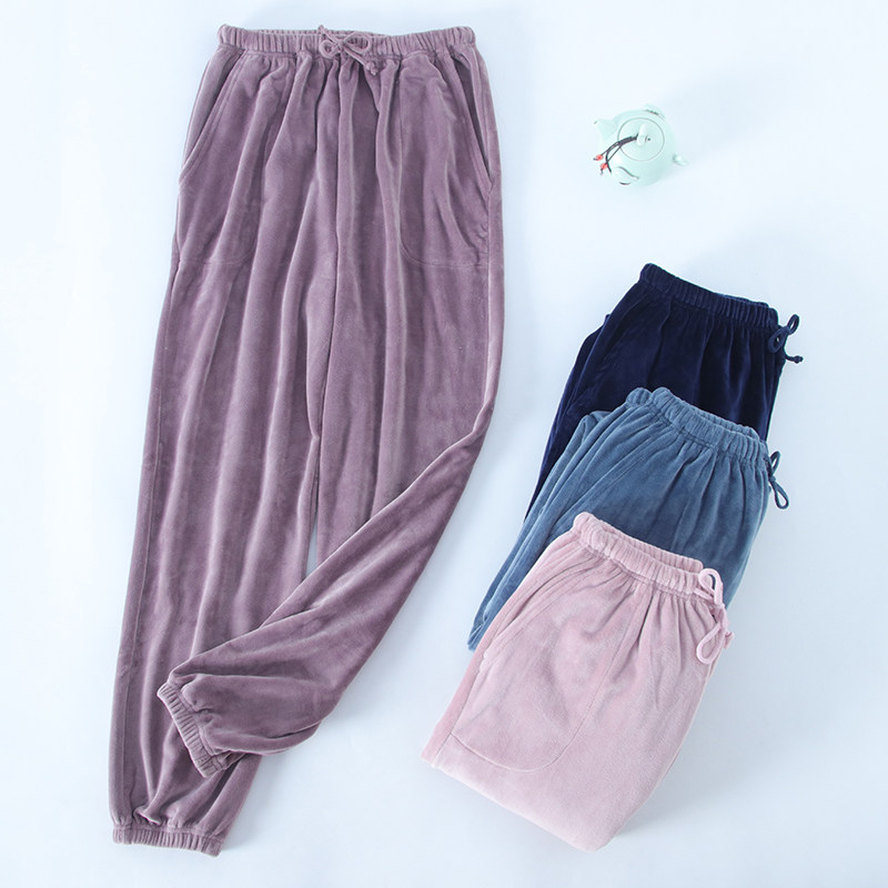 Couple's stretch island velvet sleeping pants female flannel velvet gush warm bunches Close-up Pure Color Home Pants Long Pants Men