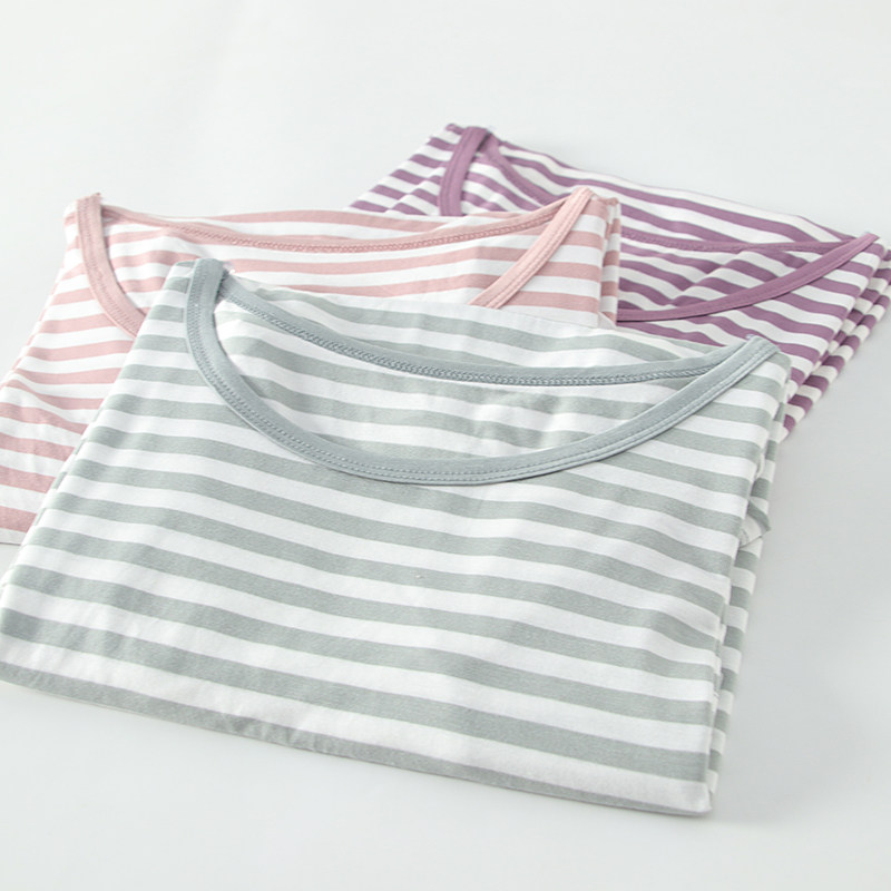 Modal long-sleeved striped t-shirt women's home pajamas top one piece loose bottoming shirt pullover can be worn outside thin