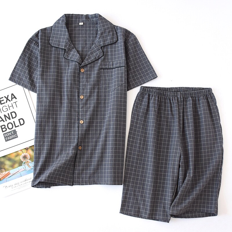 Couples pyjamas summer thin ladies minimalist day series grid pure cotton washed gauze short sleeve shorts suit Home Suits Home